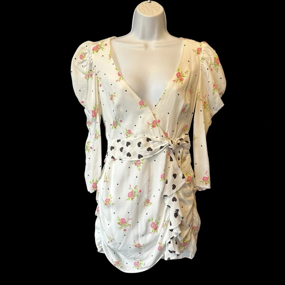 For Love and Lemons Mabel mini dress Small White floral Hearts Polkadots Womens